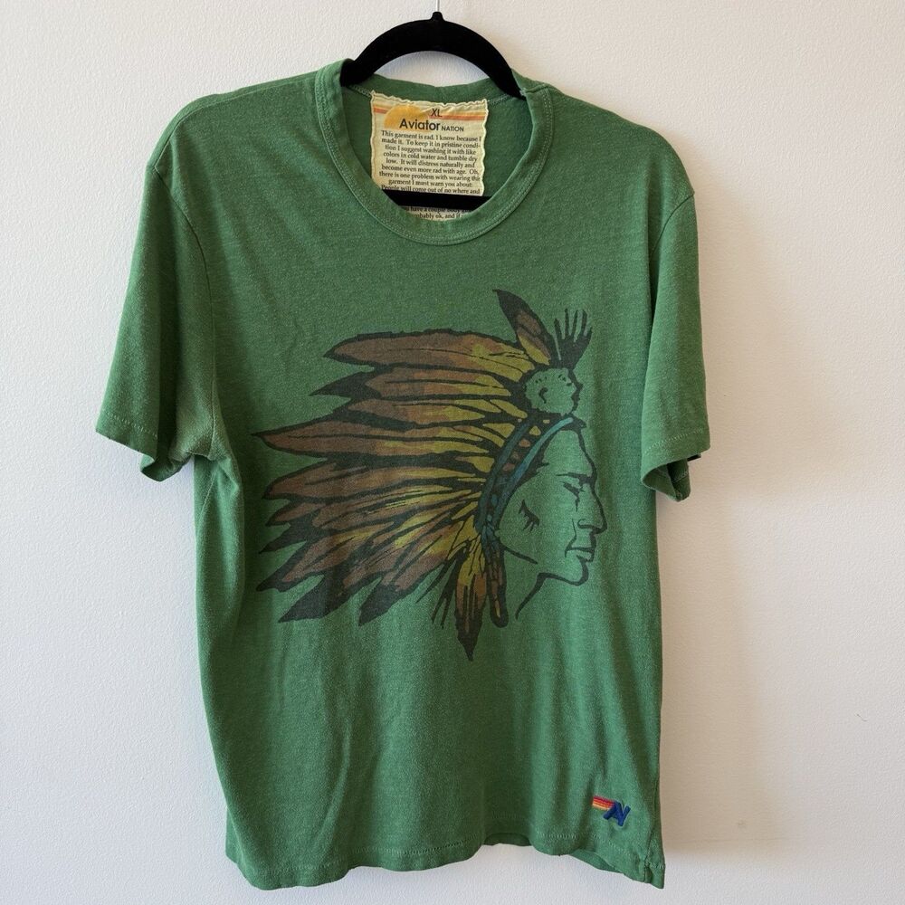RARE Aviator Nation Warrior Graphic T-Shirt XL Green Headdress Native Retro